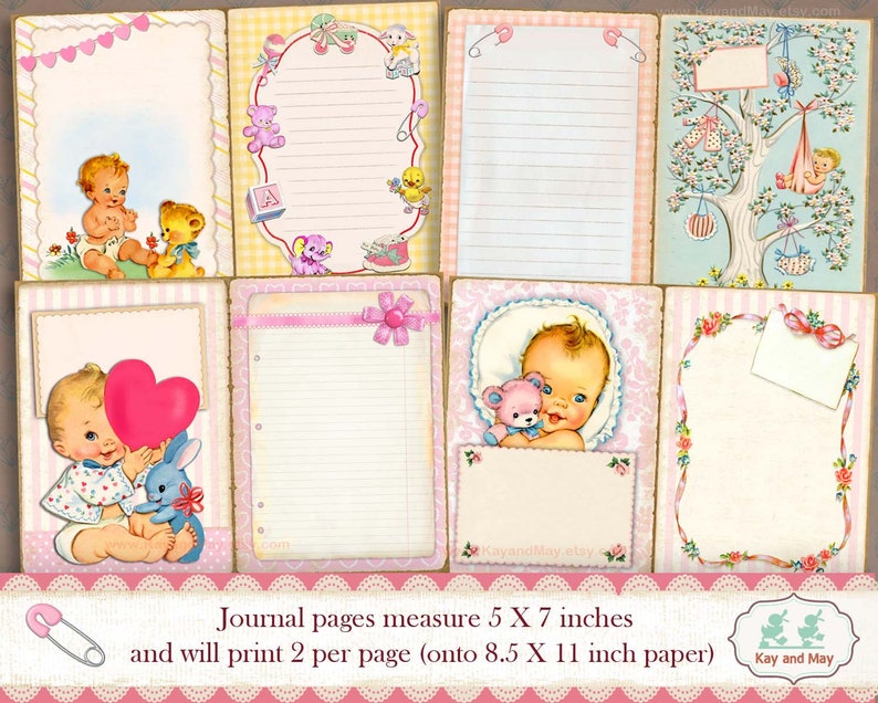 BABY junk journal kit, retro baby girl journal pages, vintage printable ephemera, letters to baby journal, instant download KM-40 image 3