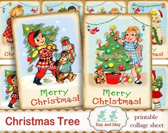 CHRISTMAS KIDS, decorating the Christmas tree cards, printable gift tags, retro children, boys and girls, digital instant download KM-16