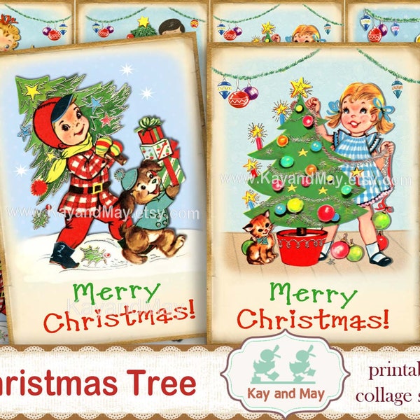 CHRISTMAS KIDS, decorating the Christmas tree cards, printable gift tags, retro children, boys and girls, digital instant download KM-16