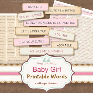 Afdrukbare woorden voor babymeisjes voor decoratie van junkjournals en plakboeken (digitale download)