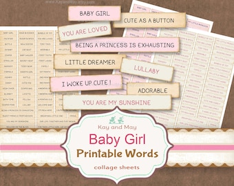 Baby Mädchen ausdruckbare Wörter für junk journal & scrapbook Verzierungen (Digitaler Download)