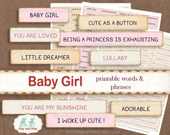 BABY GIRL journal words, printable words and phrases, baby girl printable word embellishments for paper crafts, instant download KM-48