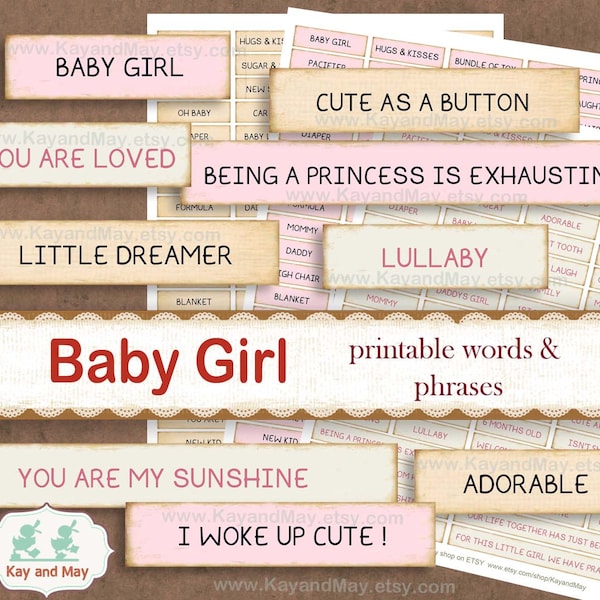 BABY GIRL journal words, printable words and phrases, baby girl printable word embellishments for paper crafts, instant download KM-48