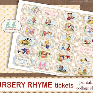 K&ouml;nnte beinhalten: Ein bedruckbares Collage-Blatt mit Tickets f&uuml;r Kinderreime im Vintage-Stil. Die Tickets zeigen farbenfrohe Illustrationen klassischer Kinderreime wie Humpty Dumpty und Hey Diddle Diddle. Der Text "NURSERY RHYME tickets" ist enthalten.