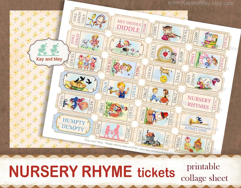 K&ouml;nnte beinhalten: Ein bedruckbares Collage-Blatt mit Tickets f&uuml;r Kinderreime im Vintage-Stil. Die Tickets zeigen farbenfrohe Illustrationen klassischer Kinderreime wie Humpty Dumpty und Hey Diddle Diddle. Der Text "NURSERY RHYME tickets" ist enthalten.