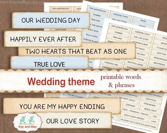WEDDING journal words, printable words phrases, wedding memory book,  embellishments, DIY wedding cards, digital instant download KM-57