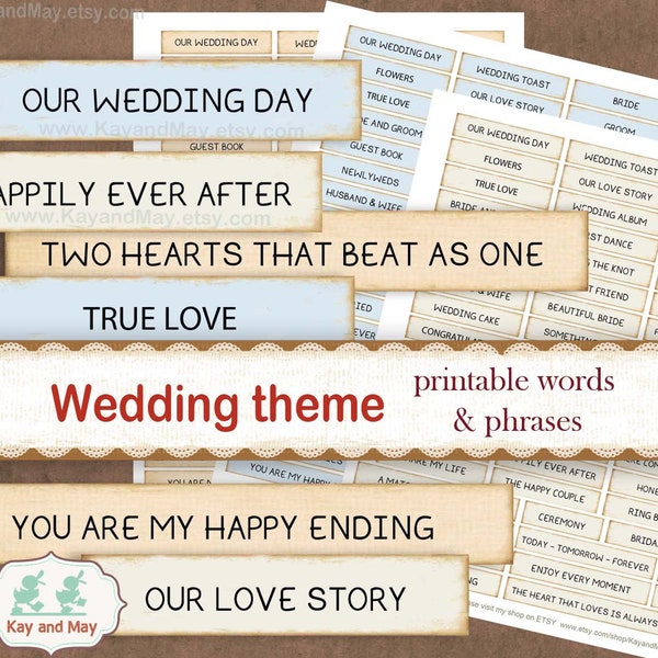 WEDDING journal words, printable words & phrases, wedding memory book, embellishments, DIY wedding cards, digital instant download KM-57