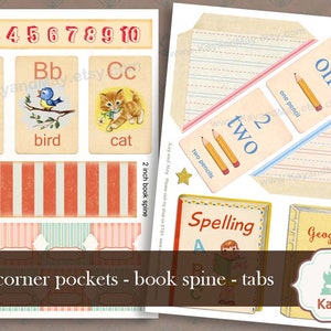 May include: Printable set of educational cards, corner pockets, book spine, and tabs featuring colorful illustrations of numbers, letters, and objects. The set includes a 2-inch book spine, a spelling book, and a geography book.
