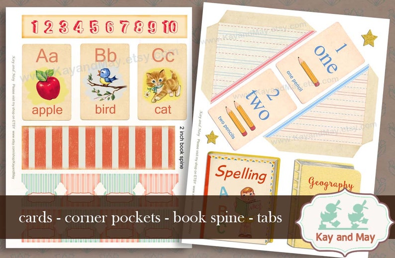 May include: Printable set of educational cards, corner pockets, book spine, and tabs featuring colorful illustrations of numbers, letters, and objects. The set includes a 2-inch book spine, a spelling book, and a geography book.