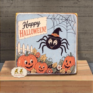 Halloween Shelf Sitter Spider in a Pumpkin Patch retro vintage style wood block decor WB-266