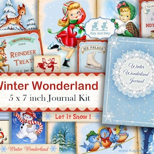 WINTER WONDERLAND junk journal kit - Winter theme digital printable journal pages - snowmen, deer, snow, skating -  instant download KM-28