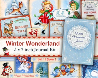 WINTER WONDERLAND junk journal kit - Winter theme digital printable journal pages - snowmen, deer, snow, skating -  instant download KM-28