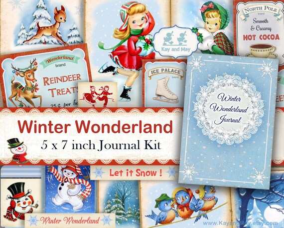 WINTER WONDERLAND junk journal kit - Winter theme digital printable journal pages - snowmen, deer, snow, skating - instant download KM-28 Il_570xn