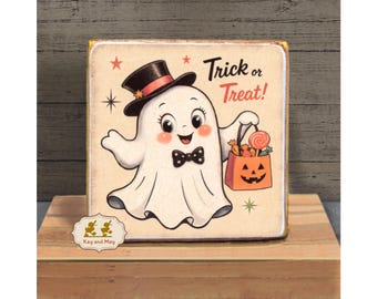 Ghost Shelf Sitter wood block sign retro vintage style Halloween tiered tray decor WB-278