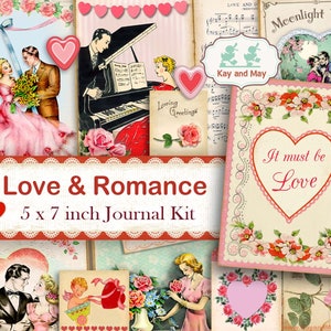 Zestaw dziennika śmieci ROMANCE, romantyczne pary w stylu vintage, strony dziennika o tematyce miłosnej, drukowane pamiątki, kwiaty w kształcie serc, natychmiastowe pobieranie KM-37