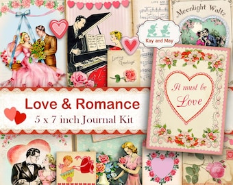 ROMANCE junk journal kit, vintage romantic couples, love theme journal pages, printable ephemera, hearts flowers, instant download KM-37