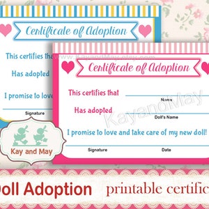 DOLL ADOPTION Certificate, Adopt a Doll Party, Printable Certificate ...