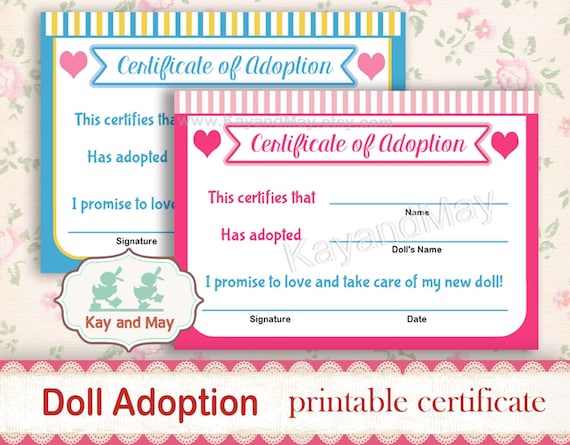 DOLL ADOPTION Certificate, adopt a doll party, printable certificate for baby doll, plushie doll, soft rag doll, digital download #KM-19 Il_570xn