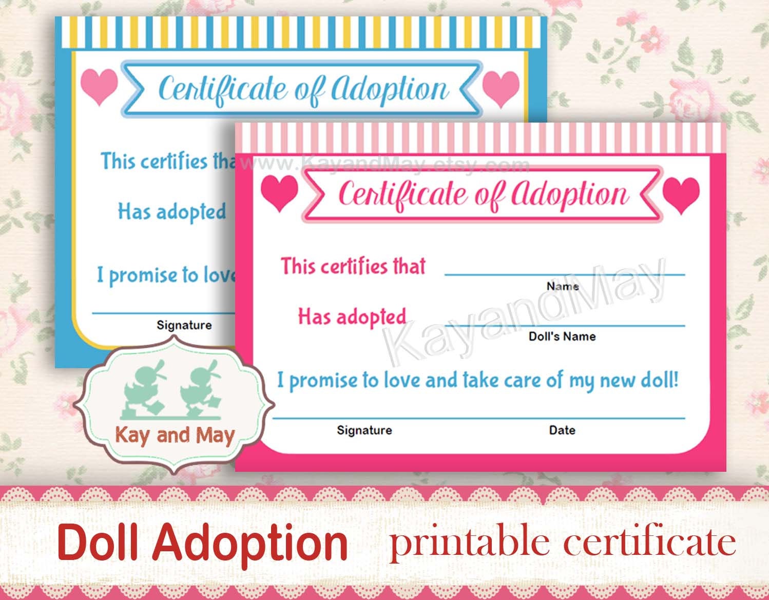 DOLL ADOPTION Certificate Adopt A Doll Party Printable Certificate 