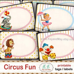 Étiquettes cadeaux imprimables CIRQUE, jolies étiquettes sur le thème du cirque rétro, clowns, éléphants, anniversaire cirque, cartes de fête cirque, téléchargement numérique KM-169