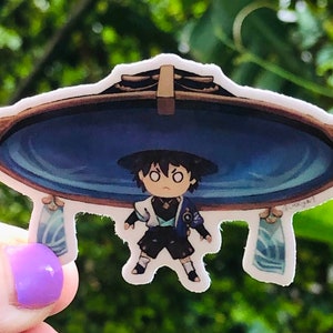 Scaramouche Wanderer z gigantycznym kapeluszem, genshin impact 2"x3" błyszcząca naklejka na laptopa anime