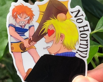 Sanji "no horny" anime uit één stuk 3" in bonk meme glanzende gestanste sticker