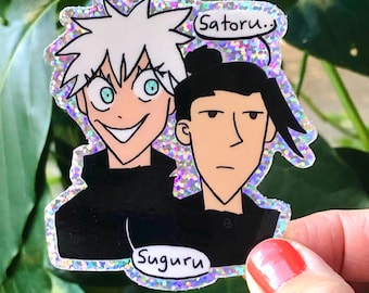 Gojo and Geto Anime Laptop Sticker, Jujutsu Kaisen Parody, Glitter Glossy Finish (3x3 in)