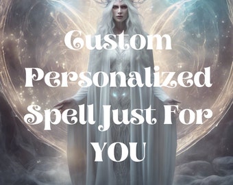 May include: A white-clad figure with a crown of branches and a glowing aura stands against a backdrop of swirling clouds and light. The text "Custom Personalized Spell Just For YOU" is superimposed on the image, along with the phrase "Witch Of Googee" at the bottom.