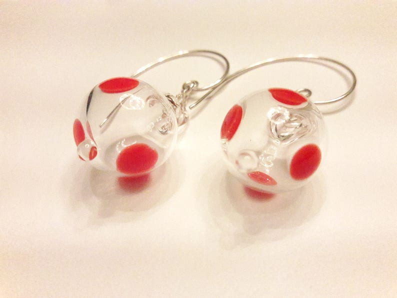 Glass Bubble Statement Earrings hand blown Pyrex Orange polka dot earrings image 1