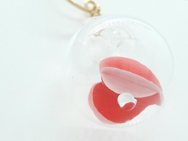 Valentines blown pyrex clear glass bubble earrings-red heart origami 3d paper. image 1