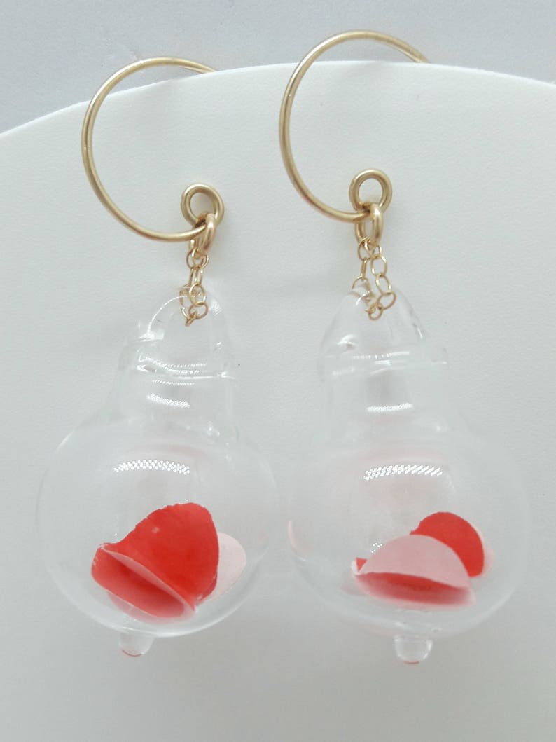 Valentines blown pyrex clear glass bubble earrings-red heart origami 3d paper. image 5