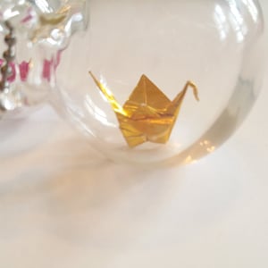 Glass Bubble Statement Necklace- Single crane pyrex glass bubble necklace with hand folded paper crane bird