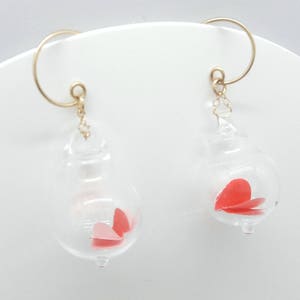 Valentines blown pyrex clear glass bubble earrings-red heart origami 3d paper. image 6