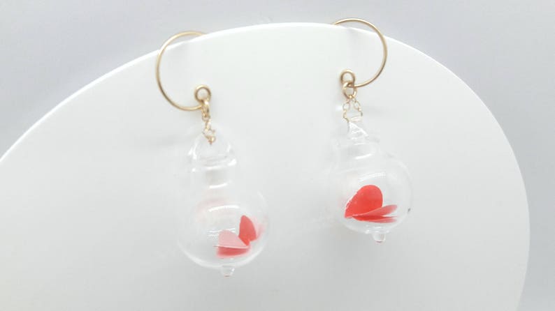 Valentines blown pyrex clear glass bubble earrings-red heart origami 3d paper. image 6