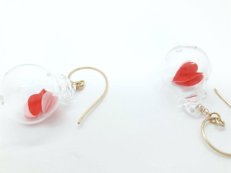 Valentines blown pyrex clear glass bubble earrings-red heart origami 3d paper. image 3