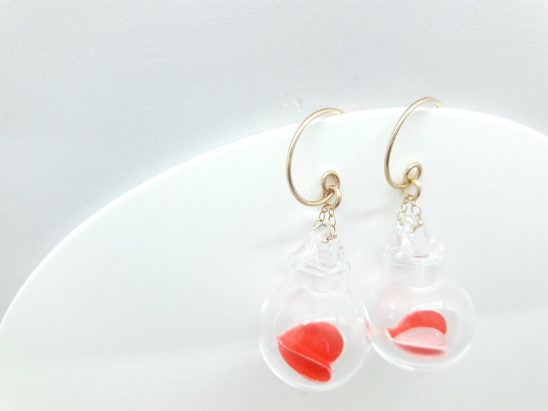 Valentines blown pyrex clear glass bubble earrings-red heart origami 3d paper. image 4