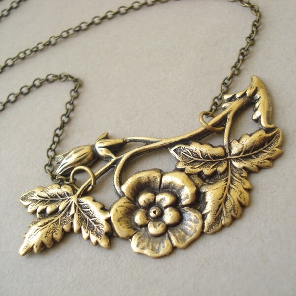 Magnolia Flower Necklace Antique Brass