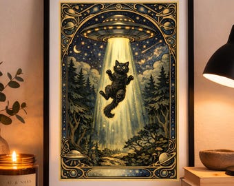 Poster UFO-ontvoering zwarte kat | Muurkunst buitenaardse kat | Kosmische kittenprint (digitale download)