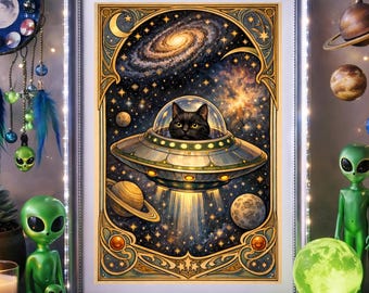 Zwarte kat ufo-poster | Buitenaardse kat kunst aan de muur | Space Galaxy Decor (digitale download)