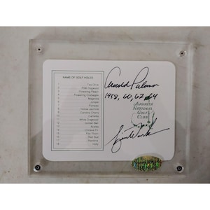 Tiger Woods and Arnold Palmer Augusta National Masters Scorecard signed with proof and acrylic protective case