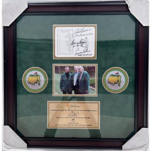 Jack Nichlaus Arnold Palmer Gary Player Masters Golf Tourney offizielle Score Karte signiert mit Proof und Museumsqualität Rahmen