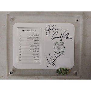 Tiger Woods, Arnold Palmer and Jack Nicklaus Augusta National Masters Scorecard signed with proof and acrylic protective case