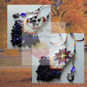 May include: Two beaded necklaces with wolf paw prints and a star design. The necklaces are white with red, blue, and yellow accents. Each necklace has a black fringe and a silver wolf charm.