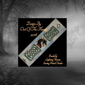 May include: A beaded bracelet with a green and white Celtic knot design and a black dragon with red and orange flames. The bracelet is designed by Out Of The Flames, beaded by Lightning Woman, and sold by Soaring Hawk Traders. The bracelet was created in 2014.