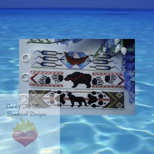 May include: Three beaded bracelets with different designs. The top bracelet has a blue, white, and brown design with a bird. The middle bracelet has a white, red, and black design with a bear. The bottom bracelet has a white, black, and brown design with a horse. The bracelets are all made with small beads and have a white background.