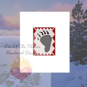 May include: A beaded design of a bear paw print on a red, white, and black background. The design is in a square shape.
