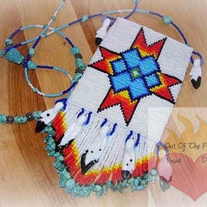 May include: A beaded Native American style pouch with a geometric design in red, orange, yellow, blue, and white. The pouch is attached to a beaded necklace with turquoise beads. The pouch has a fringe of white beads and turquoise beads. The image includes the text "Out Of The Flames Bead Designs".