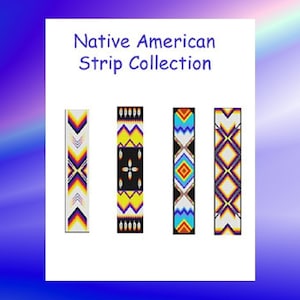 May include: Four different Native American beading patterns in a strip collection. The patterns are in shades of yellow, blue, red, white, and black.