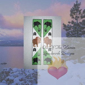 May include: Two green and black beaded panels with a design of bears, buffalo, and paw prints. The panels are labeled "Out of the Flames Beadwork Designs".