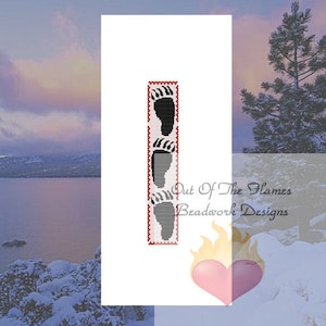 May include: A white beaded bookmark with three black bear paw prints in a vertical row. The bookmark has a red border and the text "Out of the Flames Beadwork Designs" is printed below the paw prints.